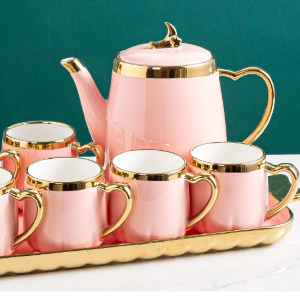 Modern Ceramic Tea Pot, Tea Cups and Serving Tray with Golden Trim Edges