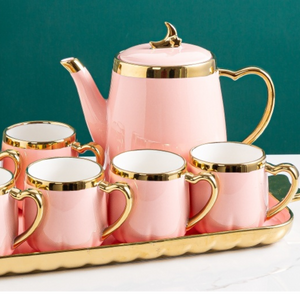 Modern Ceramic Tea Pot, Tea Cups and Serving tray with Golden Trim Edges