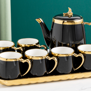 Black Classy Modern Ceramic Tea Pot, Tea Cups and Serving tray with Golden Trim Edges