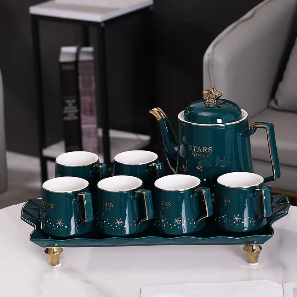 Classic and Traditional Ceramic Tea sets In Green and Gold Colours