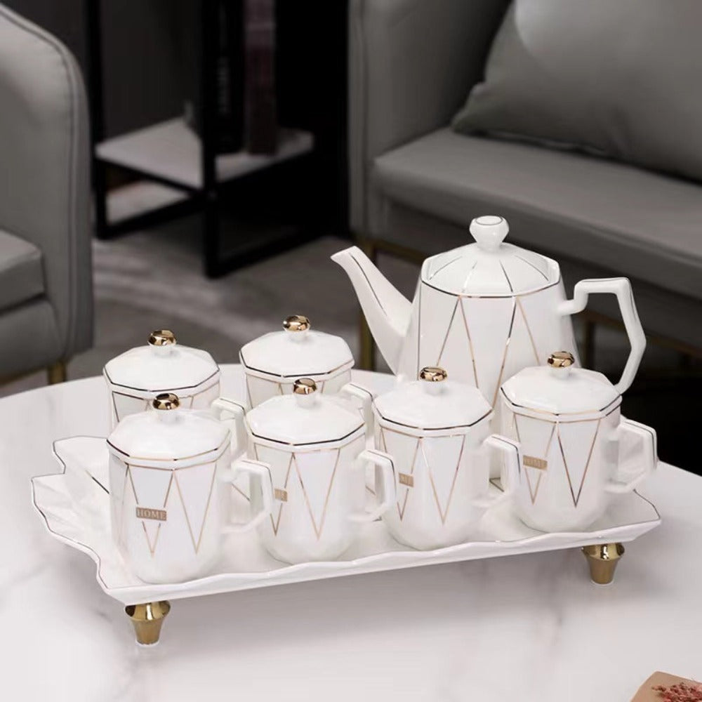 Stylish Ceramic Tea Pot, Tea Cup and Serving Tray in White with Golden Trims