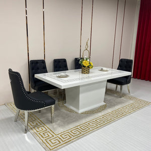 Modern Classy 8 Seater Marble Dining Table With Modern Black Leather and Silver Stainless Steel Frame Chairs