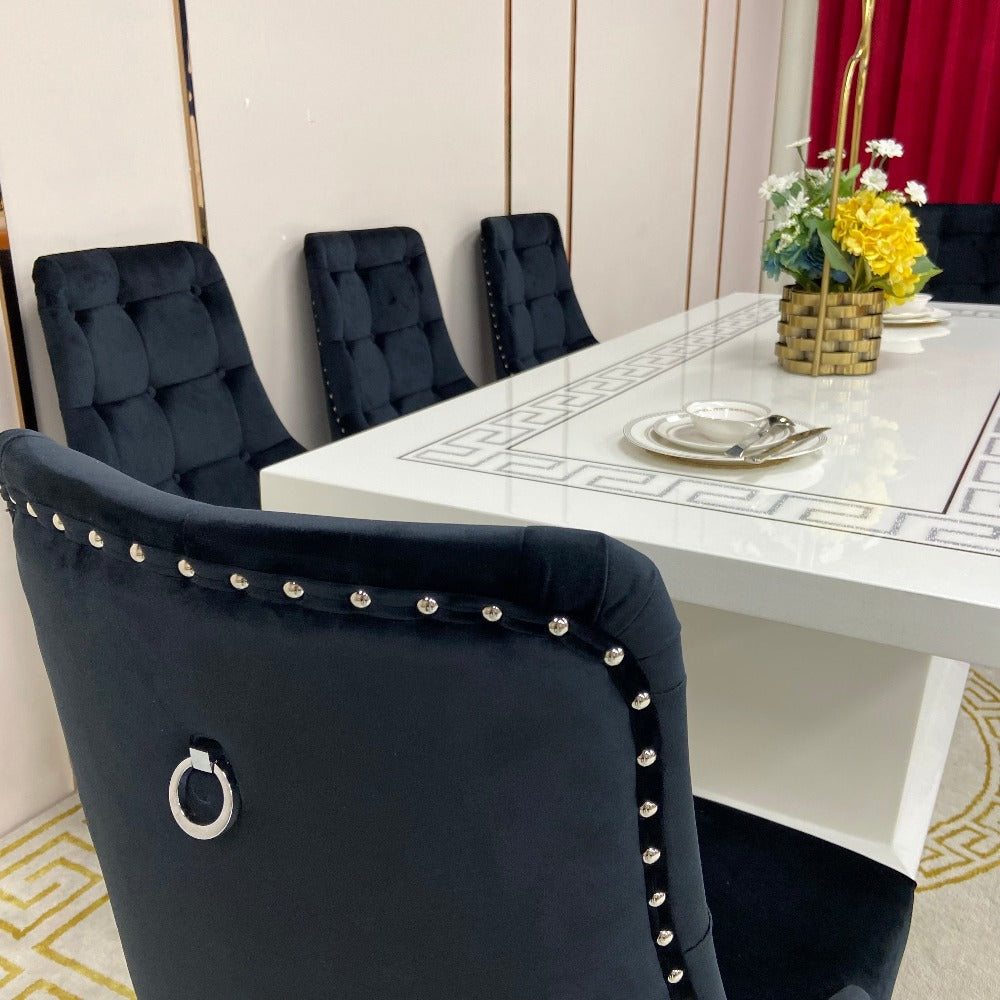 Modern Classy Marble Dining Table with 8 White Leather in Silver Stainless Steel frame