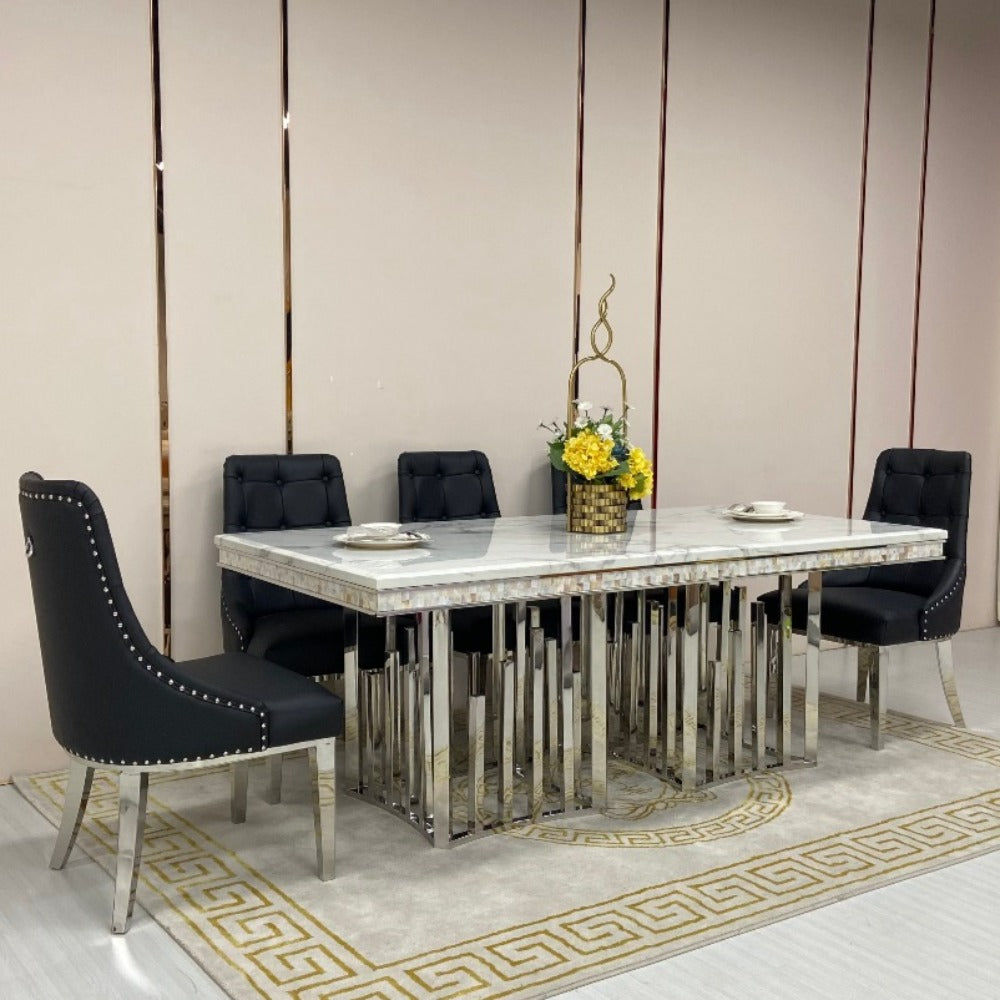 Elegant Marble Dining table with 6 Black Leather Dining Room Chairs in Stainless Steel Frame