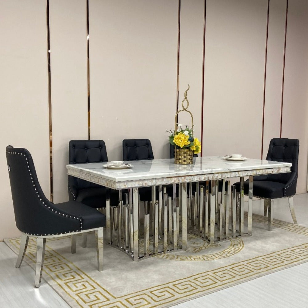 Elegant Marble Dining table with 6 Black Leather Dining Room Chairs in Stainless Steel Frame
