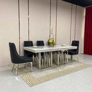 Elegant Marble Dining table with 6 Adrian Black Leather Dining Room Chairs in Stainless Steel Frame