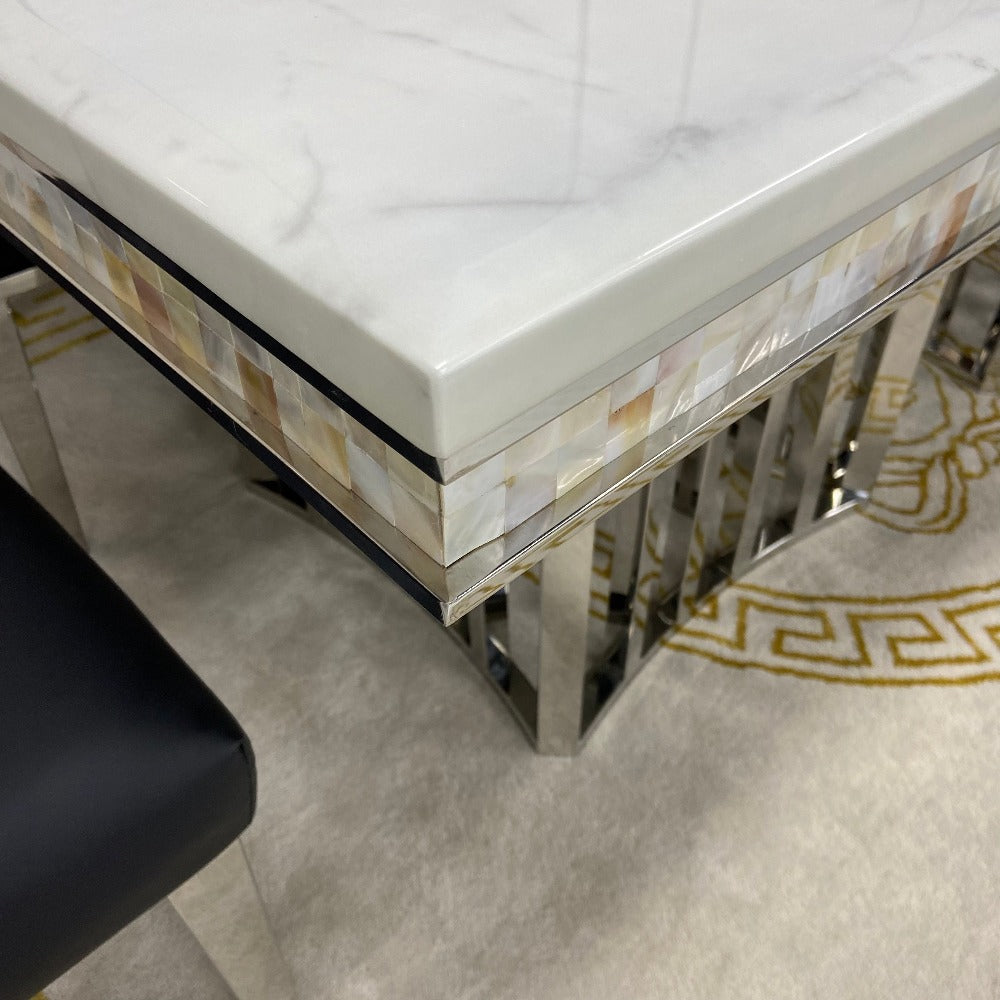 Elegant White Grey Marble Dining table with 6 Black Leather Dining Room Chairs in Stainless Steel Frame