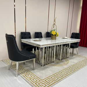 Silver Elegant Marble Dining table with 6 Black Leather Dining Room Chairs in Stainless Steel Frame