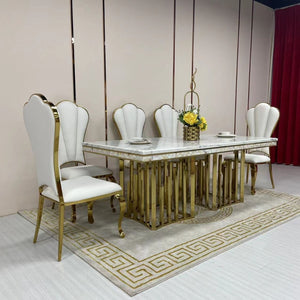 Elegant Marble Dining table with 6 White Nelly Leather Dining Room Chairs in Silver Stainless Steel Frame