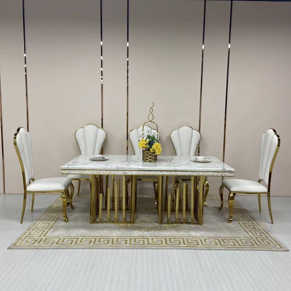 Stylish and Elegant Marble Dining table with 6 Nelly White Leather Dining Room Chairs in Gold Stainless Steel Frame