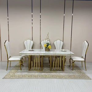 Stylish and Elegant Marble Dining table with 6 Nelly White Leather Dining Room Chairs in Gold Stainless Steel Frame
