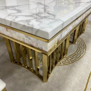 Stylish and Elegant Marble Dining table with 6 Black Leather Dining Room Chairs in Gold Stainless Steel Frame