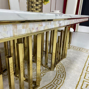 Elegant Marble Dining table with 6 Classic White Leather Dining Room Chairs in Gold Stainless Steel Frame
