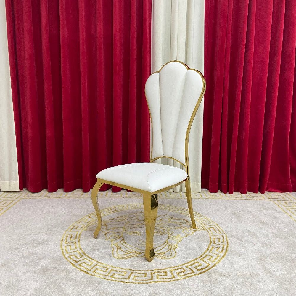 Classy and Marble Dining Table With Nelly White Leather Dining Room Chairs in Gold Stainless Steel Frame