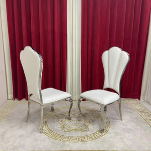 Elegant Marble Dining table with 6 Nelly White Leather Dining Room Chairs in Silver Stainless Steel Frame