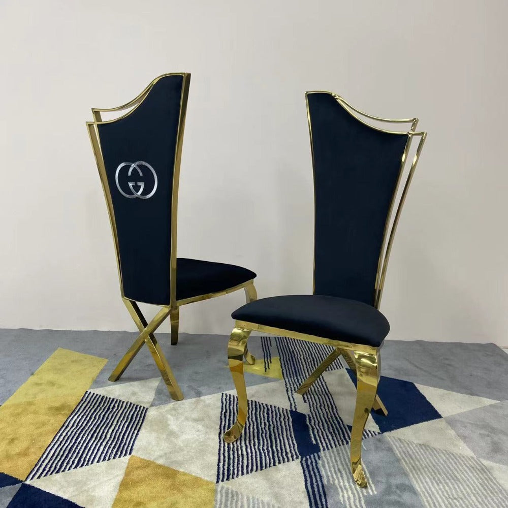 Luxurious and Stylish Elegant Marble Dining table with 6 GG Black Velvet Dining Room Chairs in Gold Stainless Steel Frame