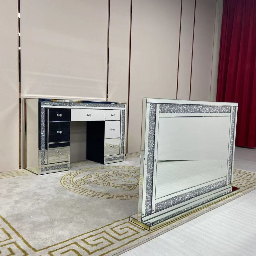 Silver Modern Classy Dressing Table and Mirror With Led Lights and Diamond Crushed Glass