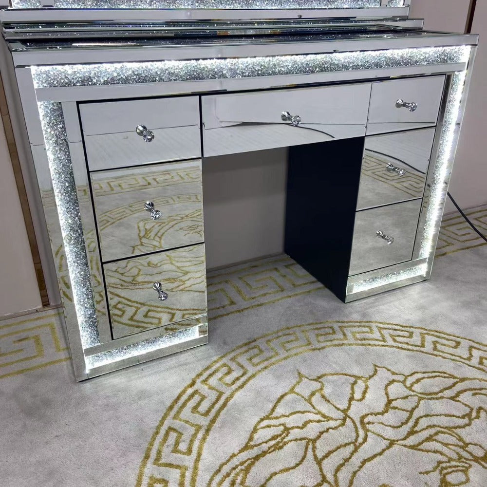 Silver Classy Dressing Table and Mirror With Led Lights and Diamond Crushed Glass