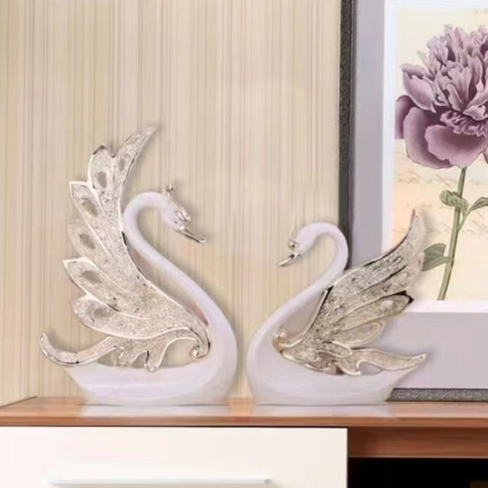 Modern Decorative Resin Swans with White and Silver