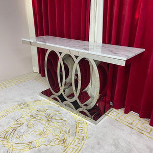 Stylish and luxurious Elegant Marble Hallway Console with Stainless Steel Frame in Silver