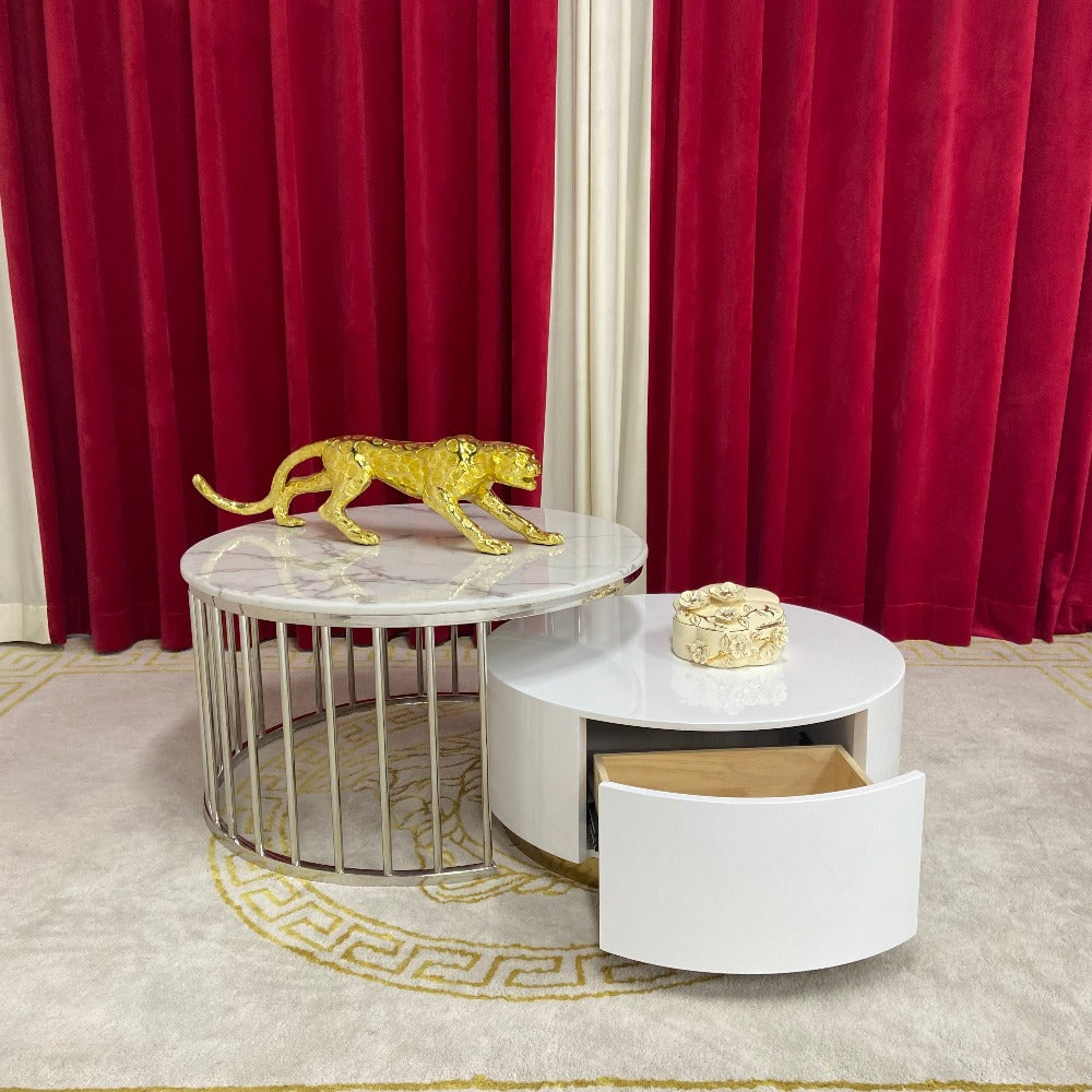 Circle / Round Gold Nested Marble Coffee Tables, 2 pieces in White MDF Stylish Modern Material