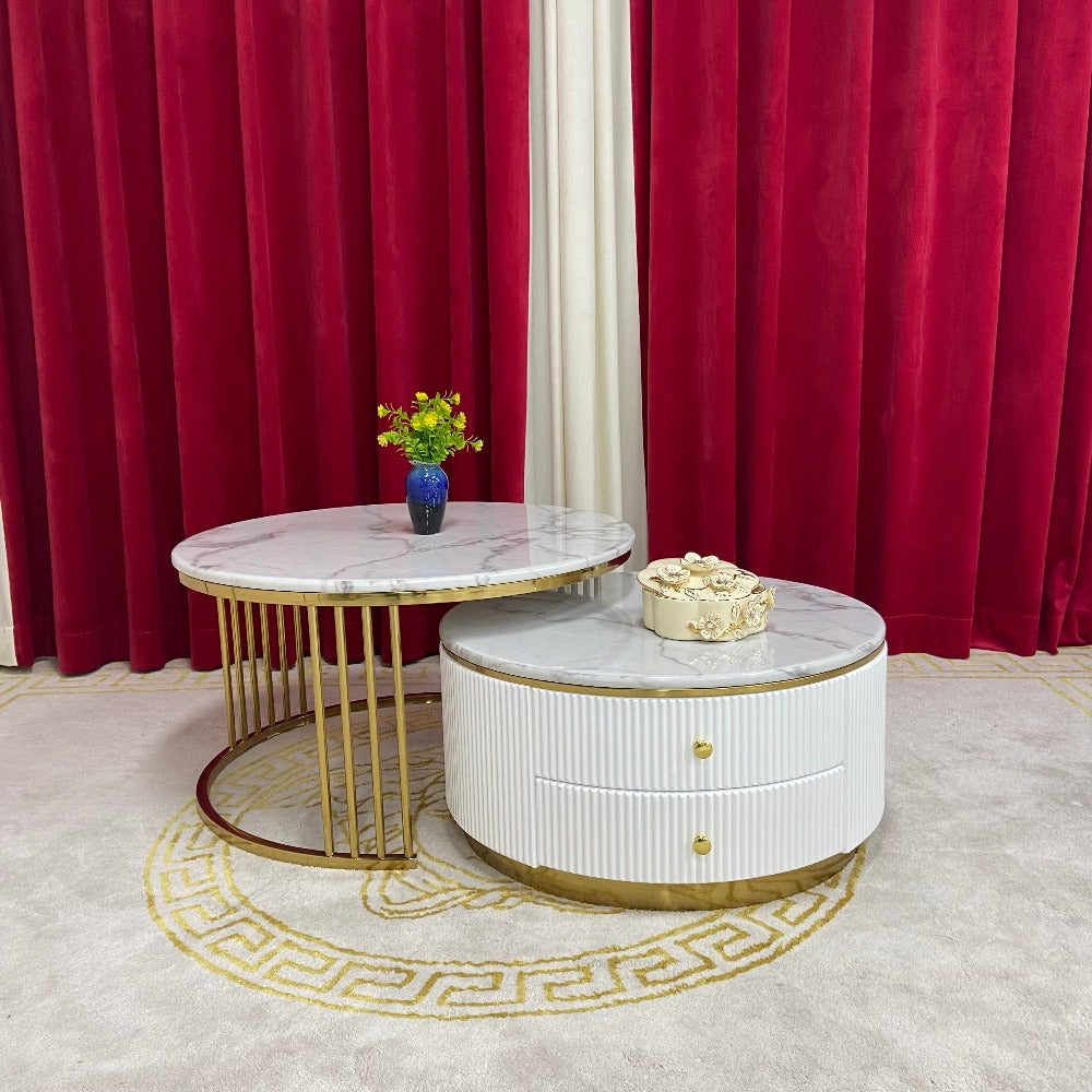 Circle / Round Gold Nested Marble Coffee Tables, 2 pieces in White MDF Stylish Modern Material