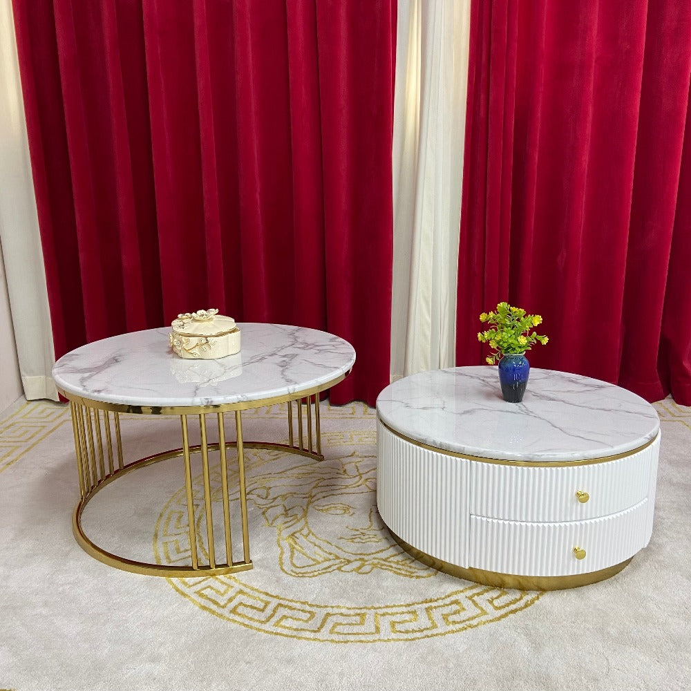 RMB Classic Home Online Shop / Store with a Range of Luxurious Circle / Round Gold Nested Marble Coffee Tables, 2 pieces in White MDF Stylish Modern Material in Gold