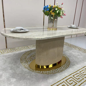 Luxurious and Stylish Elegant Marble Dining table with 6 Cream Velvet Dining Room Chairs in Gold Stainless Steel Frame
