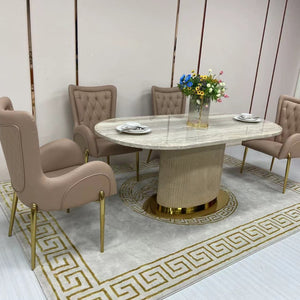 Luxurious and Stylish Elegant Marble Dining table with 6 Gold Adrian Dining Room Chairs in Gold Stainless Steel Frame