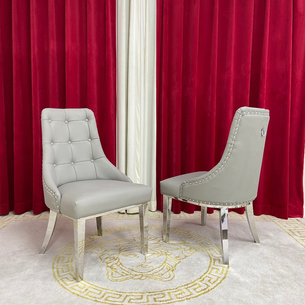 RBM Classic Home, Online Furniture Store with Modern and Stylish Grey Leather Dining Room Chairs in Silver Stainless Steel frame. Cheap Chairs Available