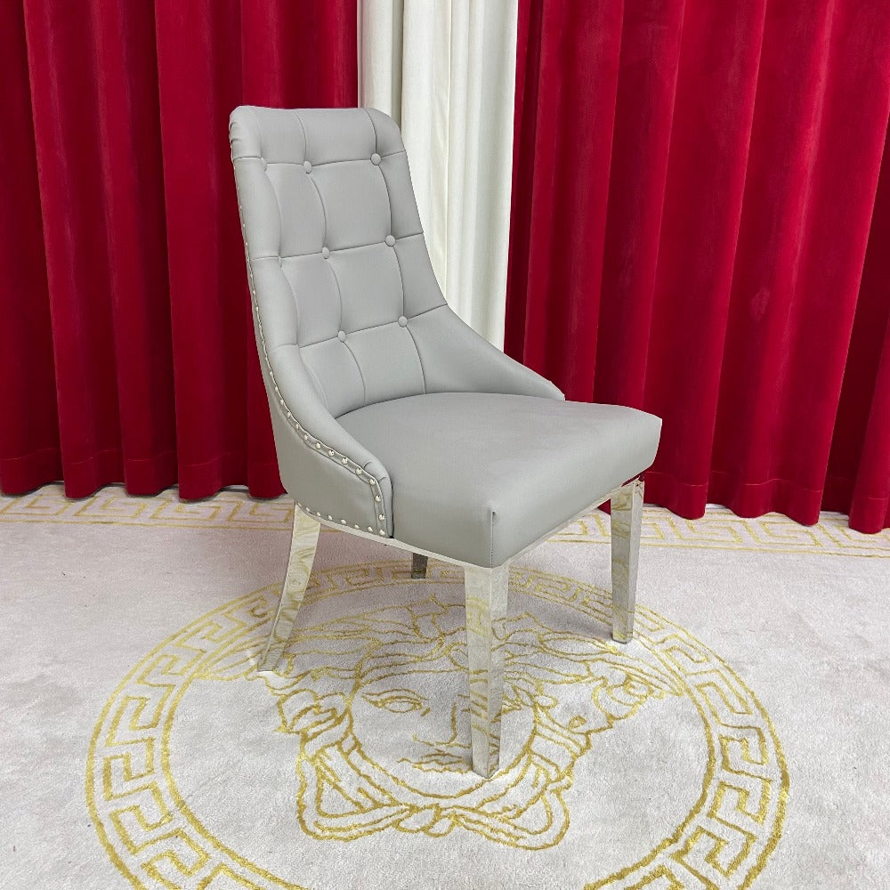 RBM Classic Home, Online Furniture Store with Modern and Stylish Grey Leather Dining Room Chairs in Silver Stainless Steel frame. Cheap Chairs Available Online and Instore
