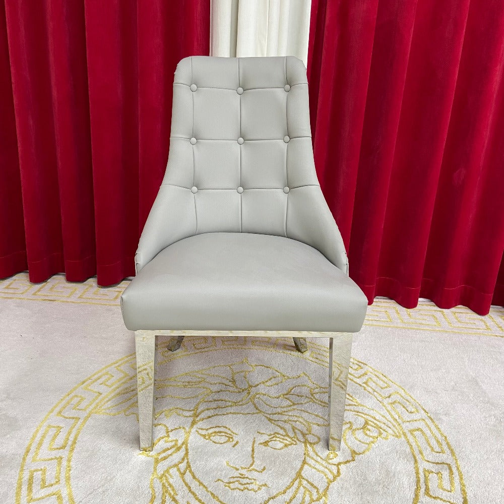 RBM Classic Home, Online Furniture Store with Modern and Stylish Grey Leather Dining Room Chairs in Silver Stainless Steel frame. Cheap Chairs Available Online and Instore