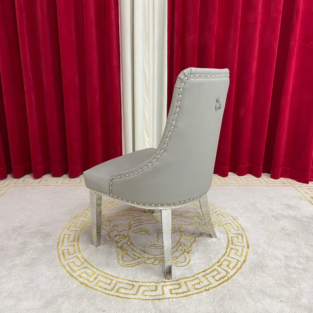 RBM Classic Home, Online Furniture Store with Modern and Stylish Grey Leather Dining Room Chairs in Silver Stainless Steel frame. Cheap Chairs Available