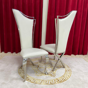 Elegant Traditional Marble Dining Table with Classy White Leather Chairs in Silver Stainless Steel frame