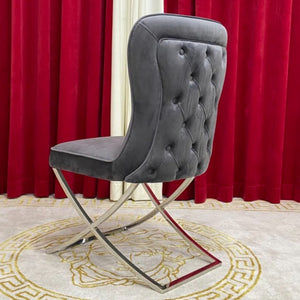 Marble Dining Table With Grey Velvet Dining Room Chairs in Silver Stainless Steel Frame