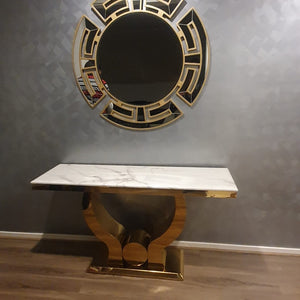 Modern Stylish U-Shaped Marble Hallway Console Table With Gold Stainless Steel Frame With Wall Mirror