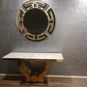 Modern Stylish U-Shaped Marble Hallway Console Table With In Gold Stainless Steel Frame With Wall Mirror
