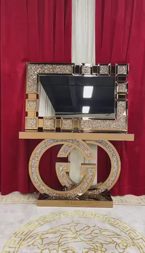 Elegant Diamond Crushed Mirrored Glass GG Style Hallway Console Table and Mirror set in Rose Gold Colour