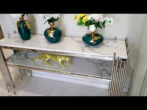 Classy and Elegant White Grey Marble Hallway / Entry Console Table and Mirror with Stainless Steel Frame in Silver
