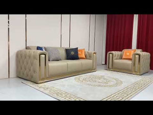 3 Seater Luxury, Stylish and Comfortable Sofas In Microfibre and Genuine Leather Material in Cream Colour With Gold Stylish Trim