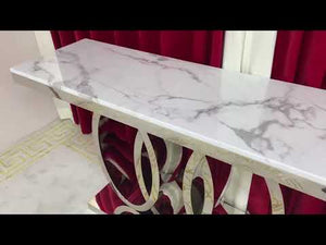 Audi Stylish And Luxurious White Grey Marble Console Table Featuring A Durable Silver Stainless Steel Frame