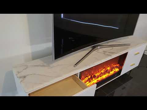 RBM Classic Home Online Furniture Store / Shop With Cheap / Discounted Prices in Melton South Melbourne Victoria. White MDF Material with Bronze Stainless Steel Frame and White Grey Marble TV Cabinet with a Fireplace Reflector and a Remote video.