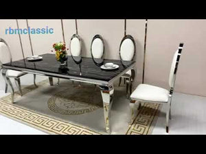 Marble Top Dining Table with Stainless Steel Frame and 8 Modern White Leather Dining Room Chairs