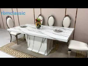 Modern Classy Marble Dining Table with 8 Classy White Leather Dining Room Chairs in Silver Stainless Steel frame