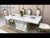 Modern Classy Marble Dining Table with 8 Classy White Leather Dining Room Chairs in Silver Stainless Steel frame