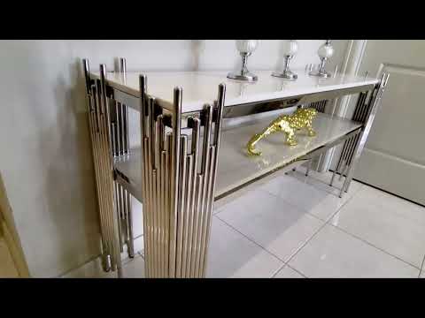 Elegant Cream Marble Hallway / Entry Console with Stainless Steel Frame in Silver