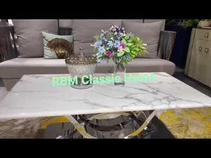 Classy V8 Style Modern Marble Coffee Table with Silver Stainless Steel frame