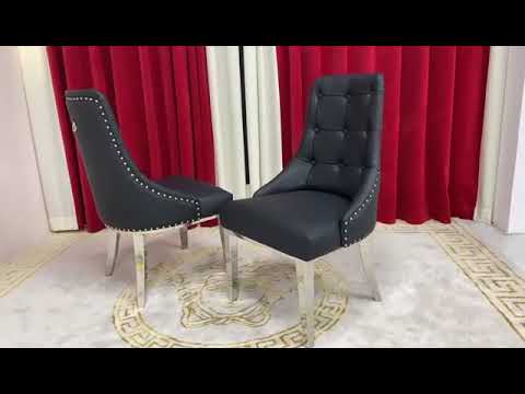 Elegant and Classy Versace Marble Dining Table With Modern Black Leather Dining Room Chairs with Silver Stainless Steel Frame