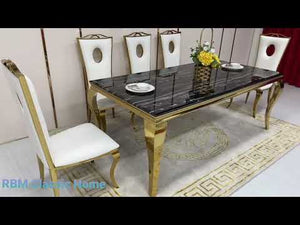 Traditional and Classic Marble Dining with 8 White Leather Dining Chairs in Gold Stainless Steel frame