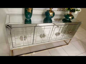 Modern Classic Glass Mirrored Silver Rochester Dining Room Buffet Cabinet with 4 Shelves and Bronze Stand